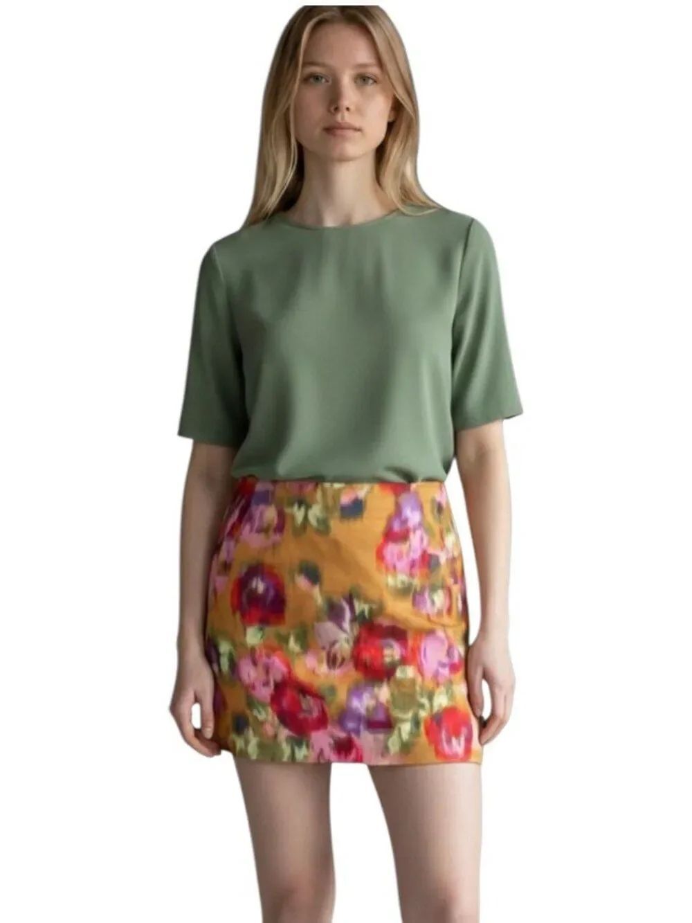 J.Crew Stretch Floral Watercolor Mini Skirt Cotton Pockets Caramel Amber Size 4